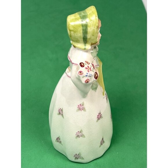 VTG 4.5" Handpainted Ceramic Girl BELL Figurine Floral Bouquet Green Bonnet EUC - Picture 2 of 6